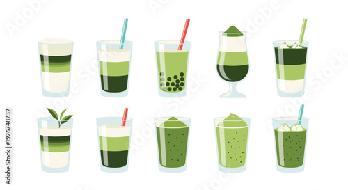Ten various matcha green tea beverages including lattes and bubble tea are displayed in two rows of clear glasses.