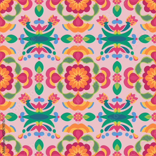 vector seamless repeating rangoli pattern in flat vector style. The design features symmetrical geometric shapes, floral motifs, peacocks, lotus flowers, and traditional oil lamps (divas).