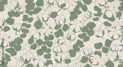 Seamless pattern of cotton plants with leaves in sage green.