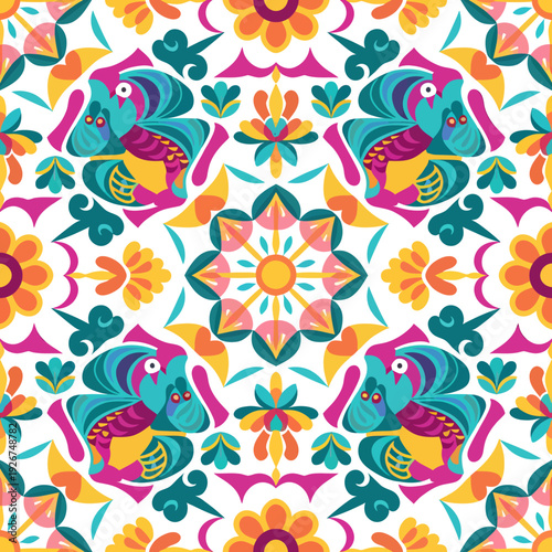 vector seamless repeating rangoli pattern in flat vector style. The design features symmetrical geometric shapes, floral motifs, peacocks, lotus flowers, and traditional oil lamps (divas).