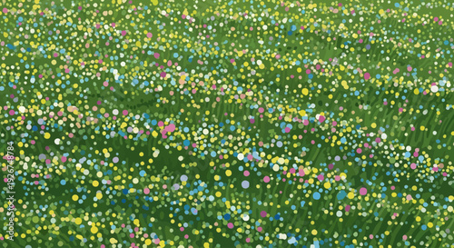 Vibrant spring background with colorful dots and abstract green field pattern.