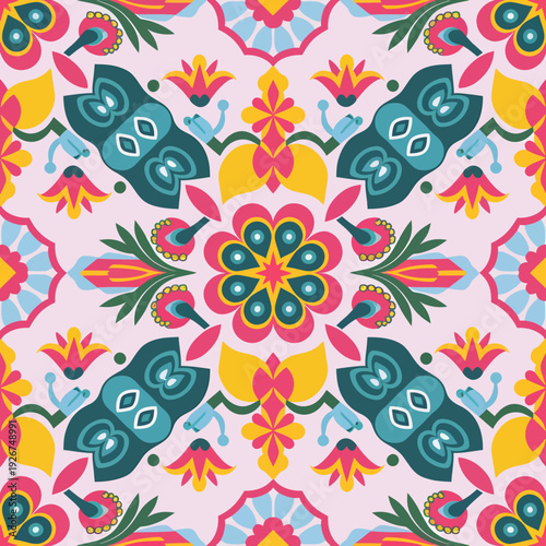 vector seamless repeating rangoli pattern in flat vector style. The design features symmetrical geometric shapes, floral motifs, peacocks, lotus flowers, and traditional oil lamps (divas).