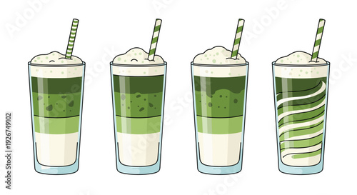 Four tall glasses filled with layered matcha lattes and white foam tops feature green and white striped straws.