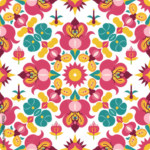 vector seamless repeating rangoli pattern in flat vector style. The design features symmetrical geometric shapes, floral motifs, peacocks, lotus flowers, and traditional oil lamps (divas).