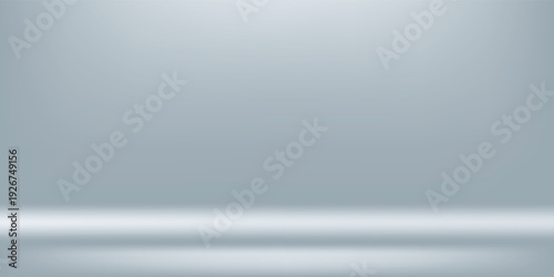 Clean minimalist 3D empty white studio room with light grey wall and horizontal podium stage for product display. Elegant soft lighting with subtle shadows, professional high resolution setup.