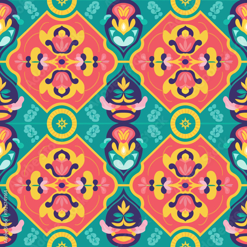 vector seamless repeating rangoli pattern in flat vector style. The design features symmetrical geometric shapes, floral motifs, peacocks, lotus flowers, and traditional oil lamps (divas).