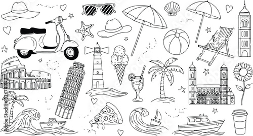 Italian summer vacation doodle style illustration set. Vector ink hand drawn Italy coast sea or beach print elements. Coastal weekend rest collection for invitations to beach party, picnic, wedding