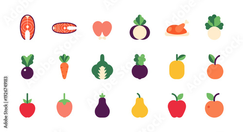 Healthy Food Icons Set of Organic Vegetables Fruits Proteins and Whole Grains