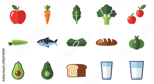 Healthy Food Icons Set of Flat Vector Illustrations for Nutrition and Wellness Design