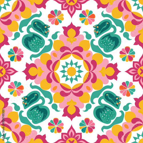 vector seamless repeating rangoli pattern in flat vector style. The design features symmetrical geometric shapes, floral motifs, peacocks, lotus flowers, and traditional oil lamps (divas).