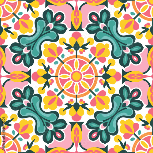 vector seamless repeating rangoli pattern in flat vector style. The design features symmetrical geometric shapes, floral motifs, peacocks, lotus flowers, and traditional oil lamps (divas).