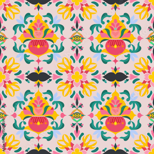 vector seamless repeating rangoli pattern in flat vector style. The design features symmetrical geometric shapes, floral motifs, peacocks, lotus flowers, and traditional oil lamps (divas).