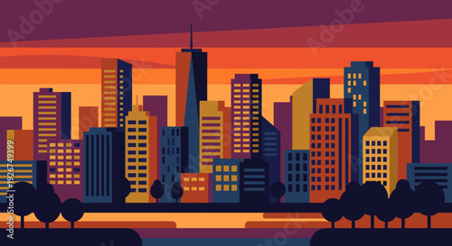Flat design vector illustration of a city skyline with colorful skyscrapers against a vibrant orange and purple sunset sky in a modern, minimalist style