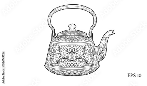 Vintage engraved tea kettle floral vector illustration