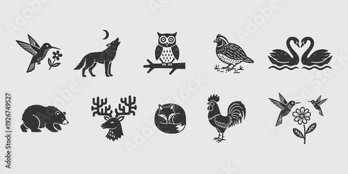 Artisanal Woodcut Animal Icons: Nature's Charming Silhouette Collection