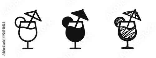 Summer Cocktail Drink Icon Set - Tropical Beverage Symbols with Umbrella and Fruit Slice.
