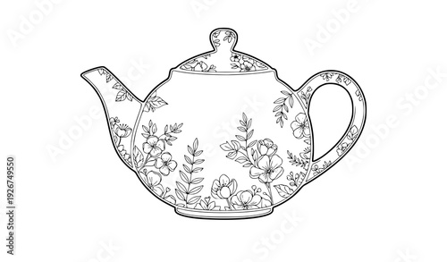 Decorative teapot line art floral outline vector