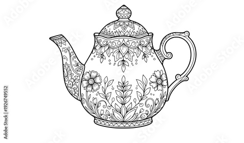 Ornate floral teapot outline hand drawn vector illustration EPS 10