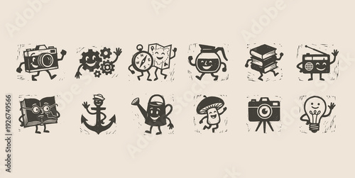 Charming Retro Woodcut Cartoon Character Collection for Creative Ventures