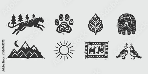 Authentic Linocut Nature Icons: Monochrome Wildlife & Landscape Collection