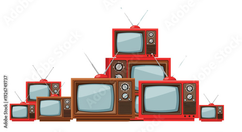 A collection of vintage red and brown televisions with rabbit ear antennas is stacked in a pyramid shape against a white background.
