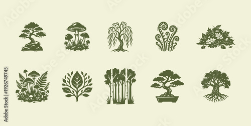 Neo-Minimal Botanical Icons - Olive Green Nature Silhouettes Collection