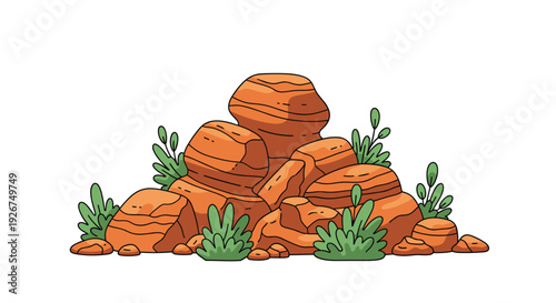A cluster of rounded reddish brown boulders with dark horizontal stripes is surrounded by small green leafy plants on a white background.