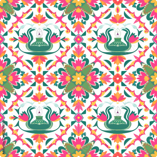 vector seamless repeating rangoli pattern in flat vector style. The design features symmetrical geometric shapes, floral motifs, peacocks, lotus flowers, and traditional oil lamps (divas).