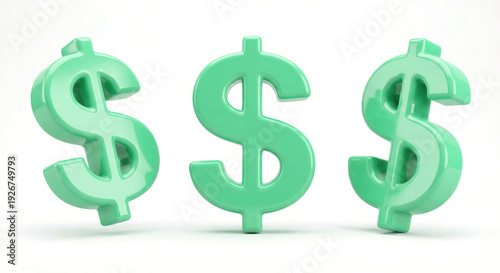 Three bright green dollar symbols on a white background. Modern three-dimensional icons themed around finance, currency, wealth, and the global economy.