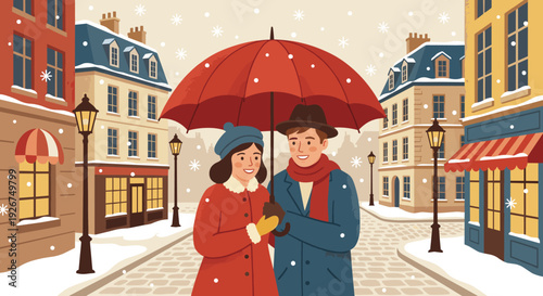 Happy couple walking under a red umbrella on a charming snowy street, smiling brightly amidst falling snowflakes and cozy European-style buildings, rendered in a warm flat illustration style