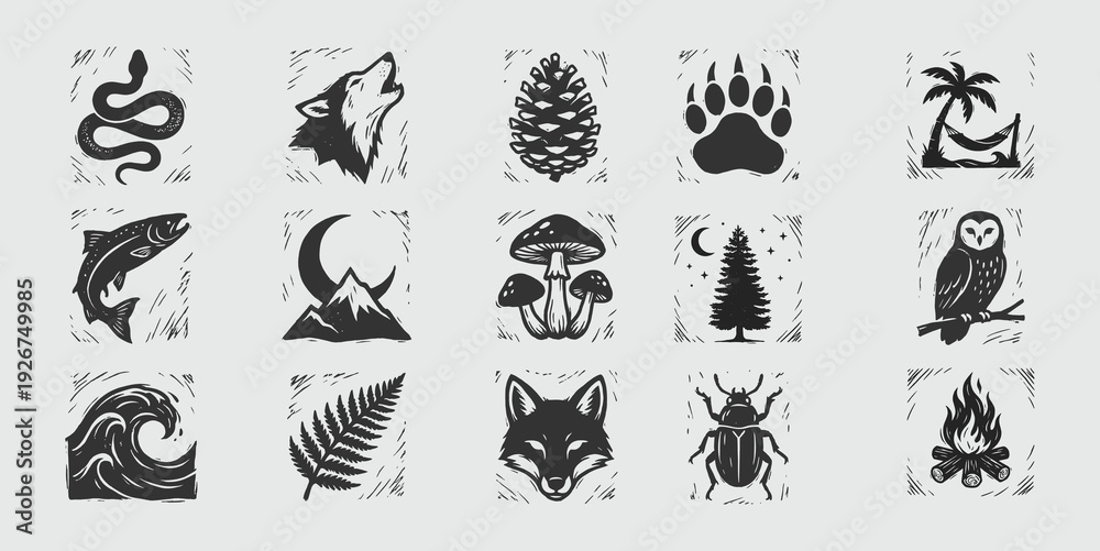Fototapeta premium Rustic Nature Icons Collection - Wilderness Engravings Vector Set
