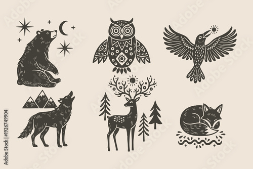 Rustic Forest Spirit Animals - Neo-Minimal Woodcut Icon Set