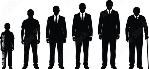 Silhouette Illustration of Human Life Stages, from Childhood to Elderly, Depicting Growth and Aging for Educational, Development, and Family Projects