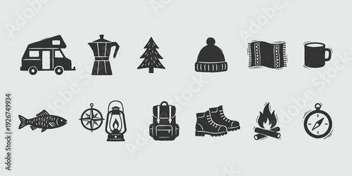 Rustic Hand-Drawn Camping Adventure Icons - Monochromatic Outdoor Essentials Set
