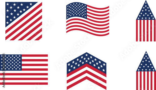 United States Flag Icon Set with Waving, Shield, Chevron and Geometric USA Patriotic Symbol Designs Vector Illustration
