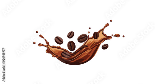 A dynamic splash of dark brown coffee liquid with suspended roasted coffee beans and small droplets is centered on a white background.