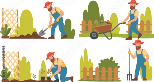 Cartoon gardener man performing outdoor activities with shovel, wheelbarrow, planting, and pitchfork in colorful garden vector illustration concept.