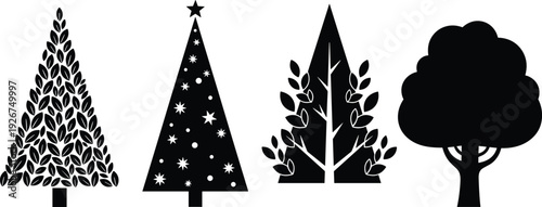 Tree silhouette set vector illustration featuring decorative pine, Christmas and leafy trees isolated 