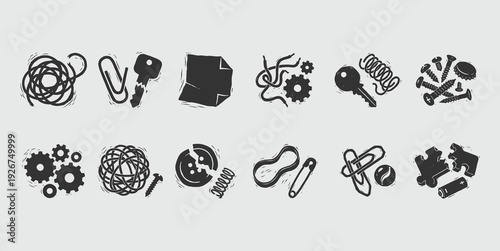 Rustic Utility Icon Set-Textured Monochrome Household & Workshop Illustrations