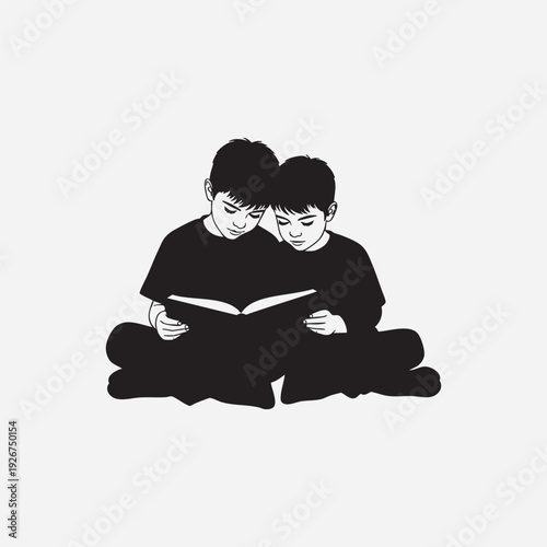 Minimalist black and white vector illustration of two young boys sitting cross-legged, reading a book together. Clean line art, solid silhouettes, flat design, isolated on light grey background.