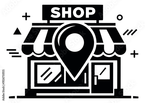 Modern graphic illustration of a storefront depicting a location pin for local business concepts