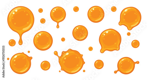 Multiple orange glossy liquid droplets and irregular splashes with highlights are arranged in a grid-like pattern against a plain white background.