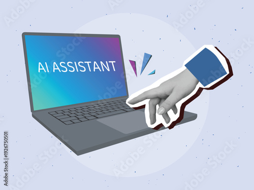 Black and white hand pressing a button on a laptop keyboard to start an AI assistant. Modern collage style. Vector illustration