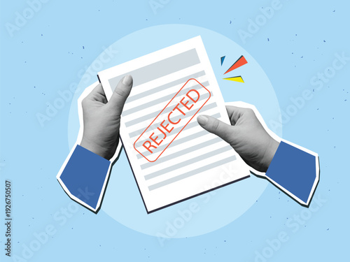 Black and white hands holding a document with a red "Rejected" stamp. Modern photo collage style. Vector illustration