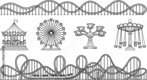 Amusement park rides, roller coaster silhouette, Ferris wheel, carousel illustration, swing ride, spinning attraction, fairground design, entertainment art, black theme decor