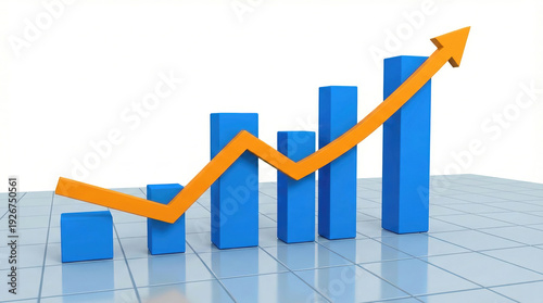 Free Download An orange arrow rising on blue column charts. A three-dimensional data visualization symbolizing financial success, growth, the stock market, and economic development. - GFXLoad