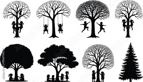 Children playing under trees silhouette vector set with swings, climbing kids and family outdoor park scenes
