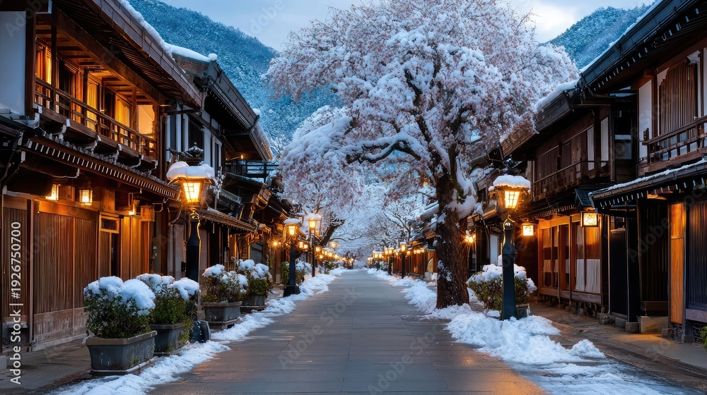 Fototapeta premium Serene Winter Street View in a Traditional Japanese Town Surrounded by Snow-Covered Cherry Blossom Trees and Warm Glowing Lanterns at Dawn
