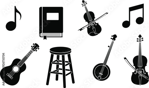 Black vector silhouette set of musical instruments including violin guitar banjo music notes songbook and stool for acoustic performance branding and music education (23 words)