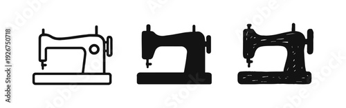 Sewing Machine Icon Set - Tailoring and Crafting Equipment in Outline, Solid, and Sketchy Styles.